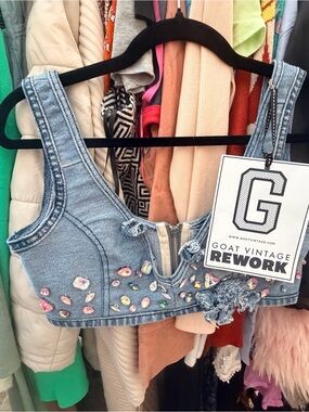 Embellished Denim Crop Top - Light Blue
